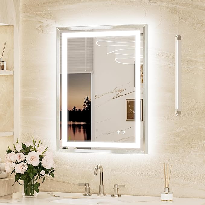 Keonjiinn 24 x 32 Inch LED Bathroom Mirror with Frontlit & Backlit, Brushed Nickel Lighted Bathroom Vanity Mirror, Metal Framed Beveled Edge, HD Tempered Glass, 3 Color Lights, Safe Defogging