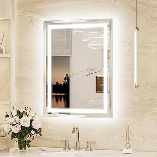 Keonjiinn 24 x 32 Inch LED Bathroom Mirror with Frontlit & Backlit, Brushed Nickel Lighted Bathroom Vanity Mirror, Metal Framed Beveled Edge, HD Tempered Glass, 3 Color Lights, Safe Defogging