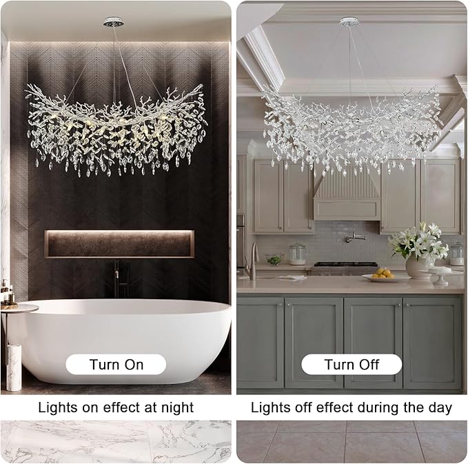 Modern Crystal Chandelier, L47 Silver Tree Branch Chandeliers for Dining Room 14 Lights Large Rectangular Chandeliers for High Ceilings Living Room Chandelier, Height Adjustable