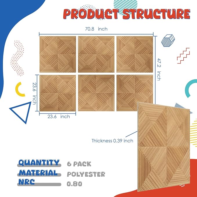 6 Pack Large Acoustic Panels,23.6 x 23.6 Inches Soundproof Wall Panels,Decorative Sound Panels,Self-Adhesive Acoustic Wall Panels,Decorative Soundproof Panels for Home Studio Office,Log color