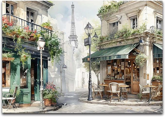Modern Framed Street View Wall Art European Coffee Shop Canvas Print, Contemporary City Scene Painting, Vintage Cafe Artwork for Kitchen Dining Room Living Room, Bedroom Home Decor, Multi Size
