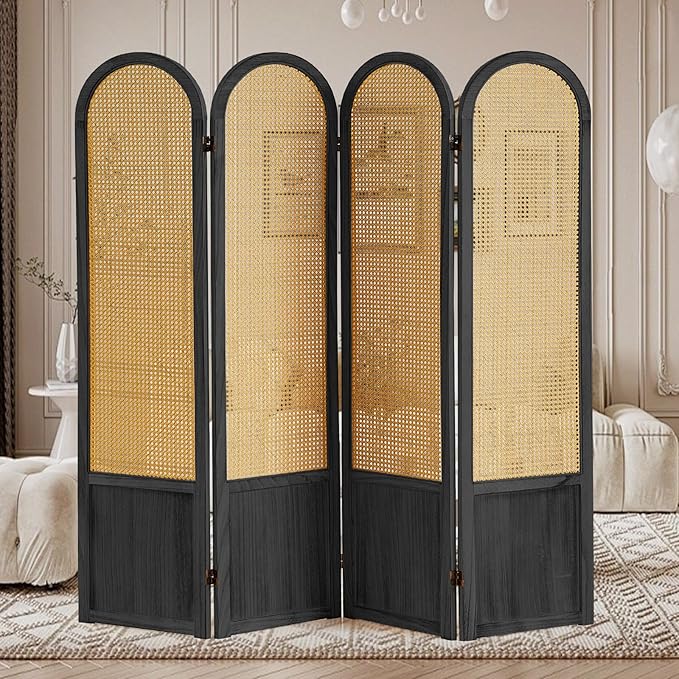 4 Panel Rattan Room Divier, Room Divider Panel and Folding Privacy Screens, Room Divider Wall, Solid Wood Frame, Partition Room Dividers, Bedroom, Dining Room, Lounge, Black