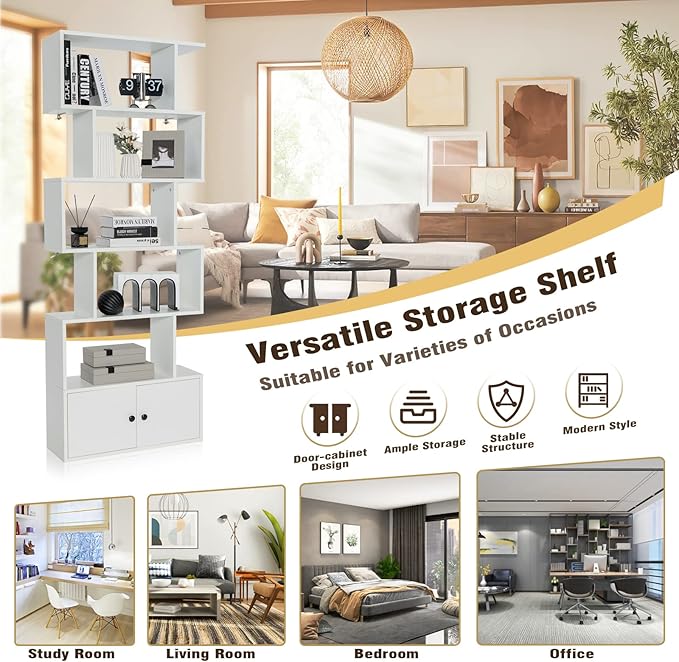 6-Tier Geometric Bookcase Set of 2, 72” Freestanding Room Divider Bookshelf with Open Display Shelves & Storage Cabinet, Wood S-Shaped Storage Organizer for Living Room, Bedroom & Home Office