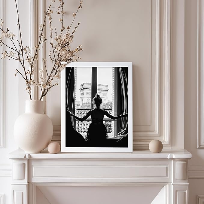 Poster Master Vintage Photograph Poster - Retro Minimalist Print - Girl In The Open Window, Black & White, Simple - Gift for Artist, Friend - Wall Decor for Living Room, Dorm, 11x14 White Framed