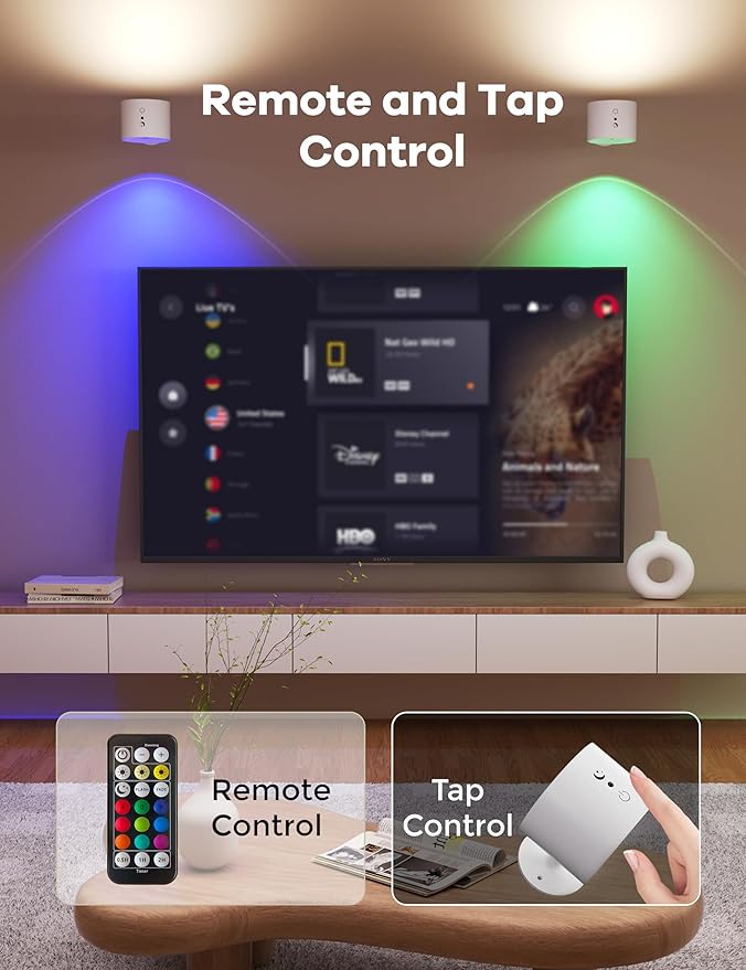 Joyzy 2 Pack Wall Light Battery Operated Rechargeable RGB Picture Lights for Wall Led Colorful Wall Lighting for Bedroom, Remote Touch Control Wall Mounted Wall Sconce Lamps Magnetic