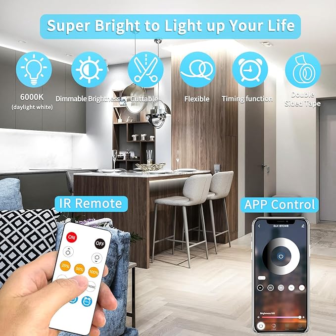 COB LED Strip Lights 100ft,6000K DC 24V Dimmable White Flexible LED Lights Strip for Bedroom,with Remote and app Control LED Rope Lights for Living Room,Shelf,Cabine,Bed