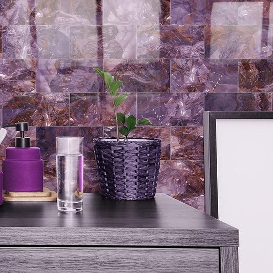 16-Pack Peel and Stick Marble Wall Tiles, Waterproof 4" x 8" Glossy Imitation Fantasy Purple Marble, PVC Shower Wall Panels for Kitchen, Bathroom & Fireplace