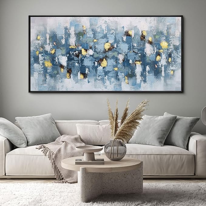 KLAKLA Blue and White Abstract Wall Art - Living Room Wall Decor Gold Picture Artwork for Walls Prints Paintings Framed Canvas Bedroom Office Guest Room Home Decoration 48x24 Inches