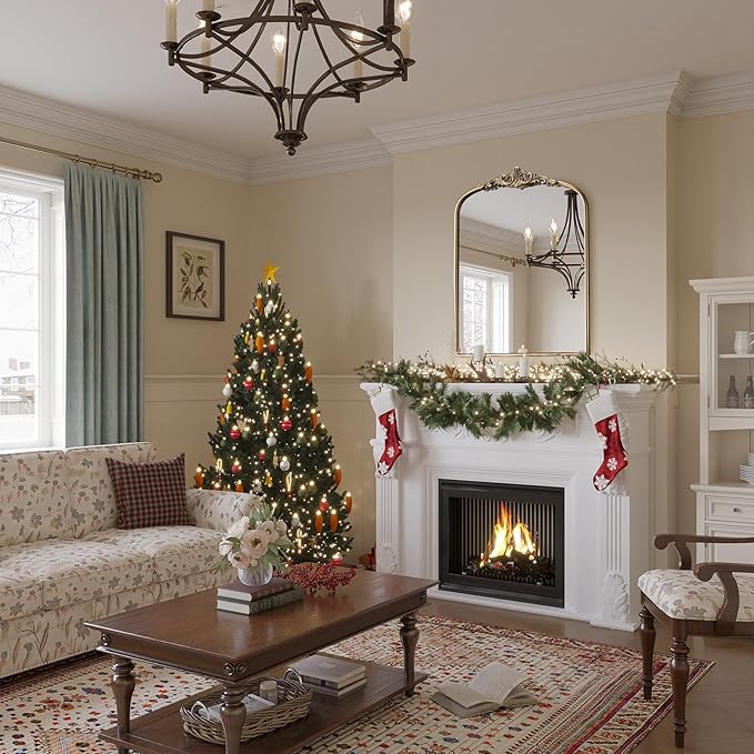 Arched Antique Wall Mirror, 24"x32" Vintage Gold Bathroom Vanity Mirror, Ornate Arch Bronze Mirror for Over Sink/Fireplace/Entryway