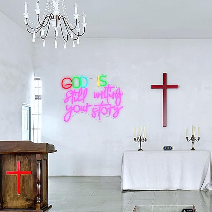 LISIGNVE God Is Still Writing Your Story Neon Sign USB Powered Christian Neon Light Sign Wall Decor Dimmable LED God Neon Light for Church Bedroom Wedding Birthday Party Neon Sign(16.5”*12.6”)