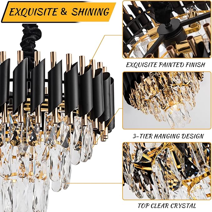 15" 5-Light Modern Crystal Chandelier Light Fixtures 3-Tier Black Gold Luxury Chandeliers for Dining Room Round Hanging Pendant Lighting for Living Room Kitchen Entryway Bedroom Hallway