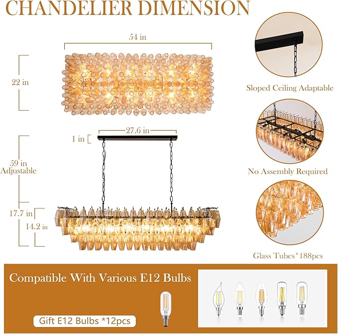 54" Black Rectangular Chandeliers for Dining Room, 12-Light 4 Tiered Large Smoke Glass Chandelier, Modern Kitchen Island Farmhouse Hanging Light Fixture for Living Room Foyer