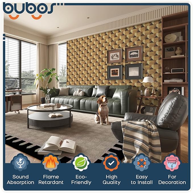BUBOS Large Acoustic Panels,6 Pack Wood-Pattern Printing Soundproof Wall Panels, Total Size 70.8 x 47.2 Inches Self-Adhesive Decorative Sound Absorbing Panels for Studio, Home,3D Wide Chevron