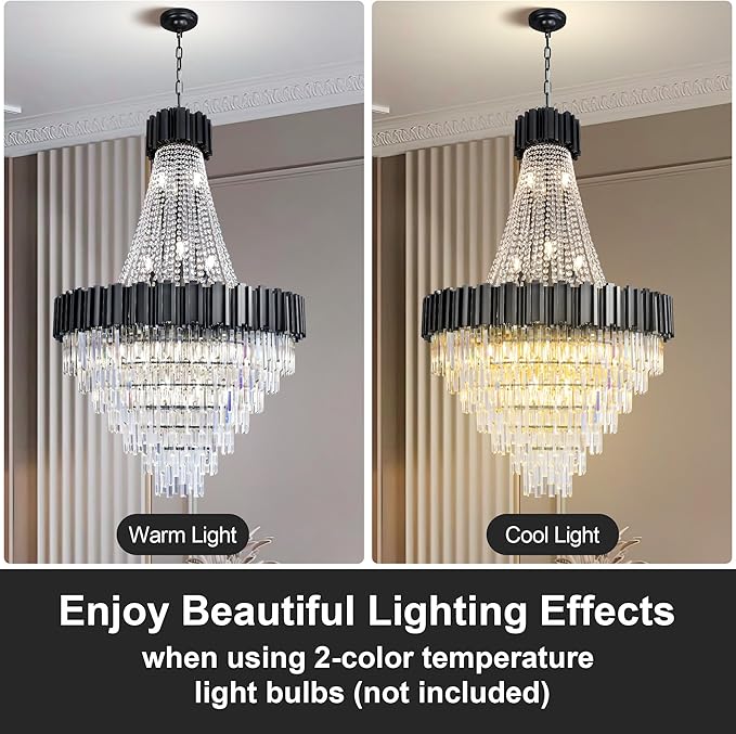 54" Long Crystal Chandelier for High Ceilings, 21-Light Modern Black Large Chandeliers for Staircase, Foyer, Entryway, Living Room, Hallway, Luxury Top K9 Crystal Tiered Ceiling Light Fixture