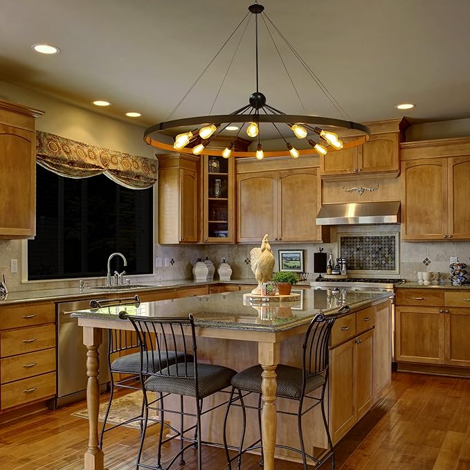 59'' Large Rustic Dining Room Light Fixture, 12-Light Farmhouse Wagon Wheel Chandelier, Industrial Round Chandeliers for Entryway Living Room, Vintage Rust and Black Finishe