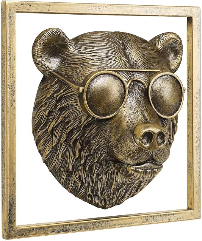 JJALIGHTS Animal Heads Wall Decor (Includes Metal Frame) Resin Animals Sculptures Head Wall Hanging Decoration Imitation Copper vintage Wall Sculpture for Living Room Bedroom Office (Bear)