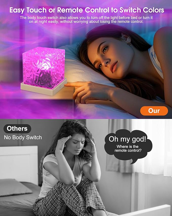 Ocean Wave Projector Light, Cordless Rechargeable,16 Colors 4 Modes Water Ripple Lamp with Touch & Remote Control for Bedroom, Northern Lights Cube Night Light for Room Decor and Mood Lighting