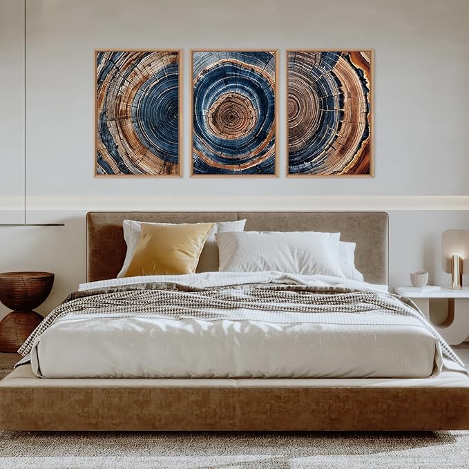Colorful Tree Rings Framed Canvas Wall Art Set,Abstract Blue and Brown Wood Grain Wall Decor,Nature Modern Annual Ring Texture Artwork for Living Room,Bedroom-24 x36 x3