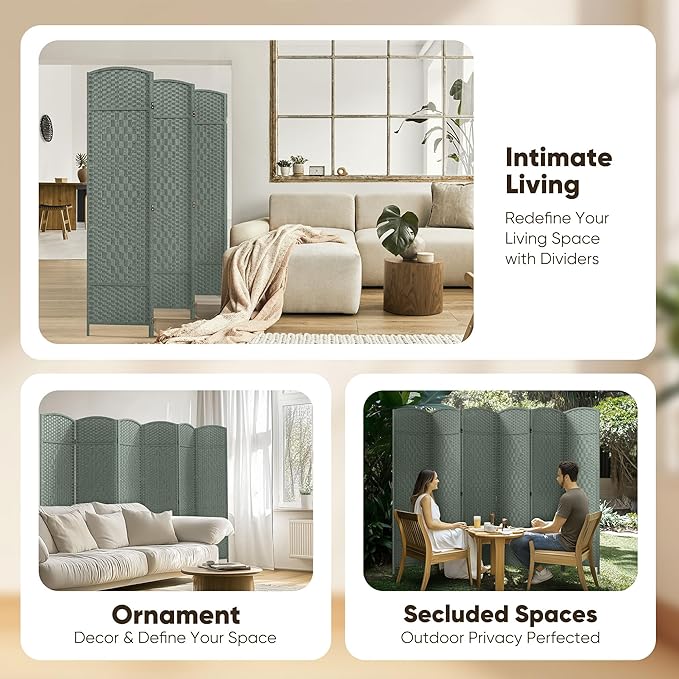JOSTYLE Room Divider 6 Panel Divider Wall, 6ft Tall Divider for Room Separation, Folding Privacy Screen Panel, Portable Wooden Room Divider Panel, Freestanding Partition Screen, Grey
