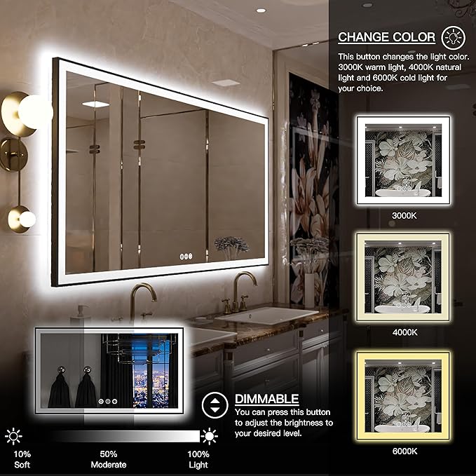 Large LED Bathroom Mirror 72x36 with Backlit and Front Lighted, Framed Dimmable Illuminated Mirror for Wall Anti-Fog Shatterproof (Horizontal/Vertical)