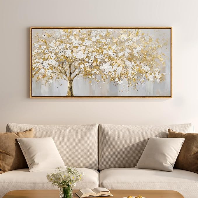 Large Framed Gold Tree of Life Wall Art, Neutral Gold Tree Canvas Painting Prints for Modern Rustic Home Decor, Gray White Golden Artwork for Living Room Kitchen Dining Room Bedroom Office, 20x40 In