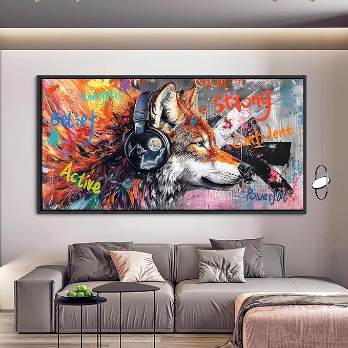 JEAWA Large Framed Wall Art, Modern Graffiti Street Art Funny Wolf with Headphones Pictures Canvas Painting for Living Room Bedroom Office Kitchen Home Inspirational Decor Gifts for Men 29x58