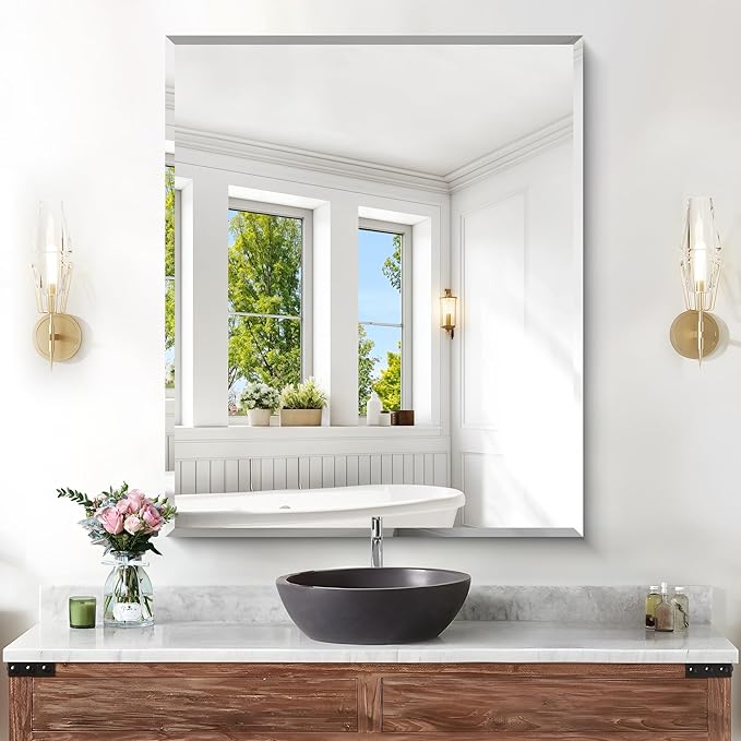 KOCUUY Beveled Mirror, 36x30 Inch Frameless Bathroom Mirror for Over Sink, Upgraded Shatterproof Beveled Unframed Design Mirror for Bathroom, Bedroom, Hang Horizontal/Vertical