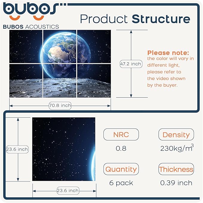 BUBOS 6 Pack Art Acoustic Panels Soundproof Wall Panel,70.8X47.2 Inches Large Sound Absorbing Panel,Self-Adhesive Decorative Acoustical Wall Panels, Acoustic Treatment for Home Office（Earth）