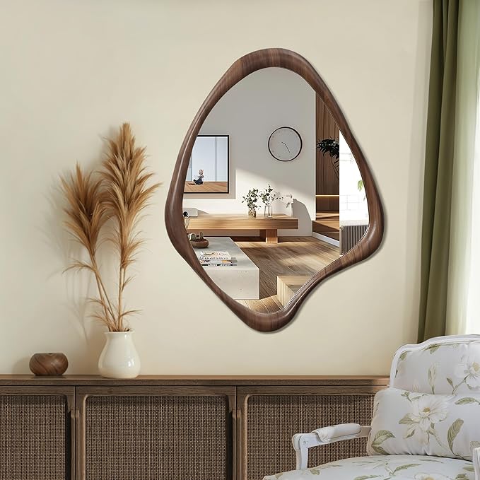 LuxenHome Asymmetrical Wall Mirror, 23"x 29" Classic Brown Irregular Mirror, Rustic Farmhouse Mirrors for Bathroom, Wall Mirrors Decorative for Bedroom Living Room Entryway Hall