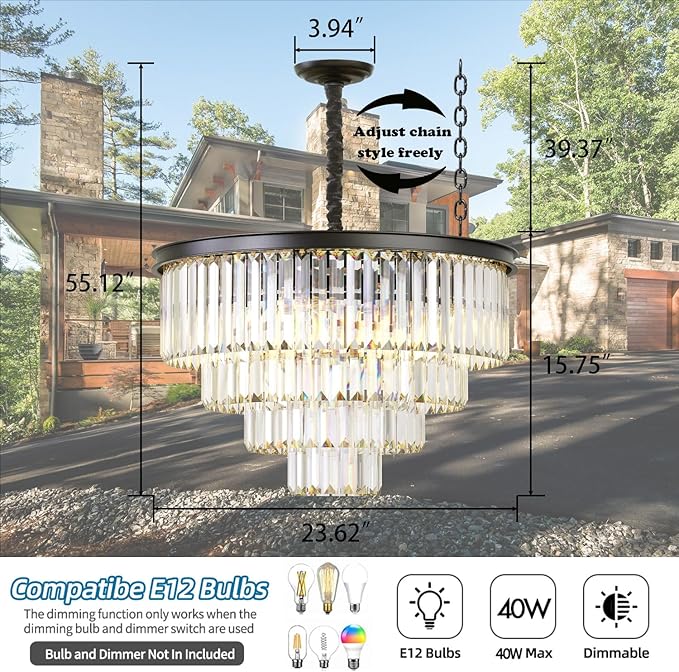 Modern Black Crystal Chandelier,4-Tier Round Pendant Ceiling Fixture with Height Adjustable Luxury Hanging Chandelier for Dining Room,Living Room,Entryway,Bedroom,Kitchen,and Foyer (Black Crystal-4)