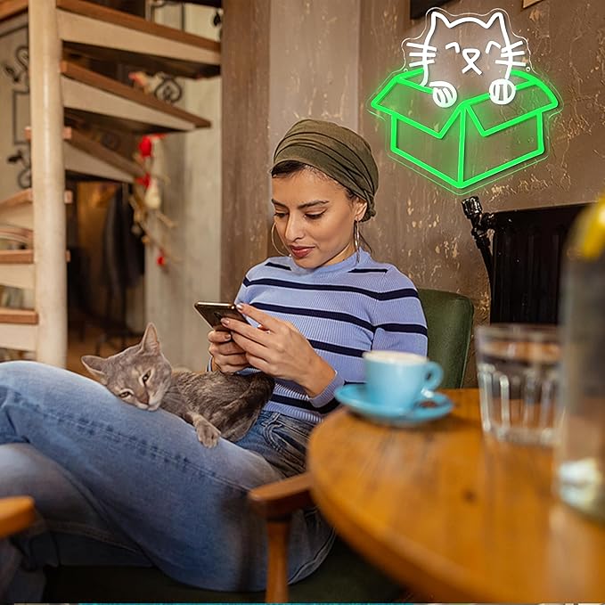 Cat Neon Sign with Usb Power Dimmable Green White Cat Box Led Light Sweet Kitten Led Sign for Bedroom Cafe Pet Shop Nursery Wall Decor(12.6 * 12.6 in)