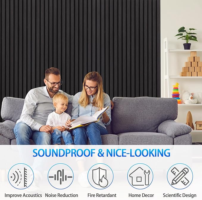 3D Slat Acoustic Wall Panels with Wood Finish Accent, 2 Pack Sound Absorbing Paneling for Studio, Office, Living Room, Bedroom Interior Decor (Matte Black, 48''L x 24''W)