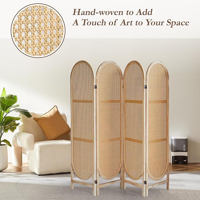 4 Panels Room Dividers Panel, Hand-Woven Rattan Room Divider Wall, Wood Room Divider and Folding Privacy Screens, Freestanding Room Partitions Screen for Home Office Bedroom, Light Brown