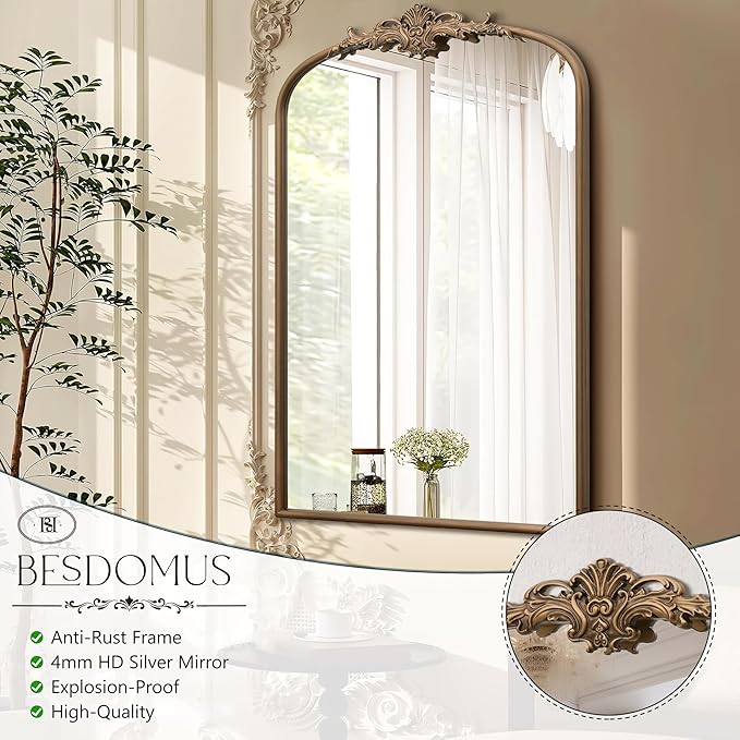 Antique Baroque Arched Mirror: 24"x36" Arch Gold Vintage Wall Mounted Mirror - Traditional Ornate Home Decor for Entryway/Fireplace/Bathroom - Idea for Fashion-Conscious