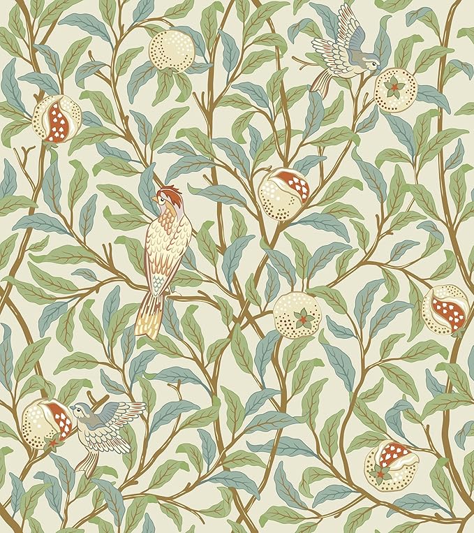 Livelynine Green Wallpaper Peel and Stick Botanical Sage Green Leaves Blue Brown Beige Bird Pomegranate William Morris Willow Bough Prepasted Wallpaper Rolls Vintage Contact Paper Adhesive 17.5x78.8