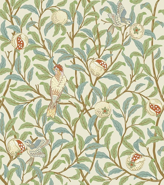 Livelynine Green Wallpaper Peel and Stick Botanical Sage Green Leaves Blue Brown Beige Bird Pomegranate William Morris Willow Bough Prepasted Wallpaper Rolls Vintage Contact Paper Adhesive 17.5x78.8