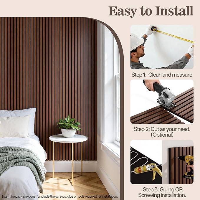 4 Pack Wood Panels for Wall, 94.4" x 12.6" Acoustic Wood Slat Wall Panel for Interior Decor & Noise Reduction, Soundproof Panel, Sound Absorbing 3D Textured Panels - Walnut