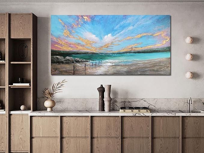 Arjun Ocean Teal Wall Art Canvas Coastal Beach Painting Blue Turquoise Landscape Sunset Picture, Panoramic Gold Foil Textured Large Artwork Framed for Living Room Bedroom Bathroom Wall Decor 48"x24"