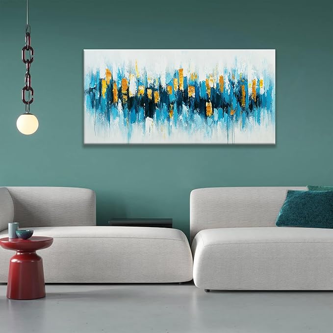 Blue Abstract Wall Art Living Room Abstract Painting Wall Decor Modern 24"X 48" Canvas Art Wall Decor Blue Gold Wall Art Canvas Prints Artwork Pictures For Bedroom Kitchen Artwork