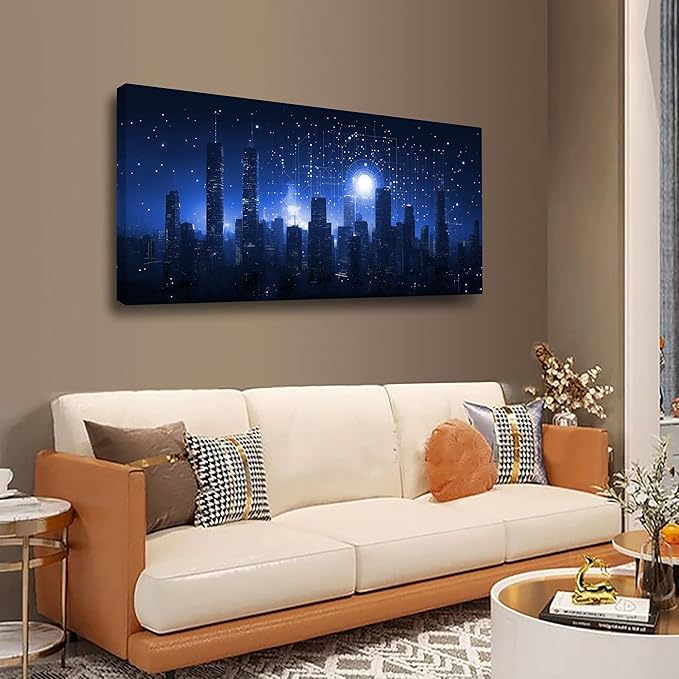 Night Stars City Wall Art Bedroom Wall Decor Living Room,Night Tall Buildings Canvas Wall Art Office Farmhouse Paintings Artwork Modern Blue Cityscape Wall Art Prints Pictures 20 * 40inch