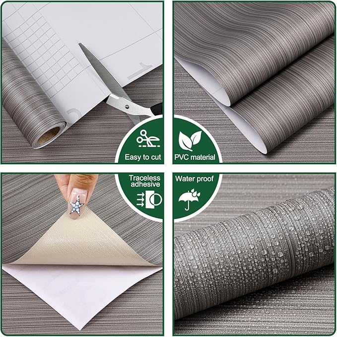 Brown Grasscloth Peel and Stick Wallpaper Linen Wallpaper 15.7" x 196" Vintage Texture Contact Paper Self-Adhesive Faux Grasscloth Wall Paper for Room Walls, Cabinets, Furniture, Shelf Linen