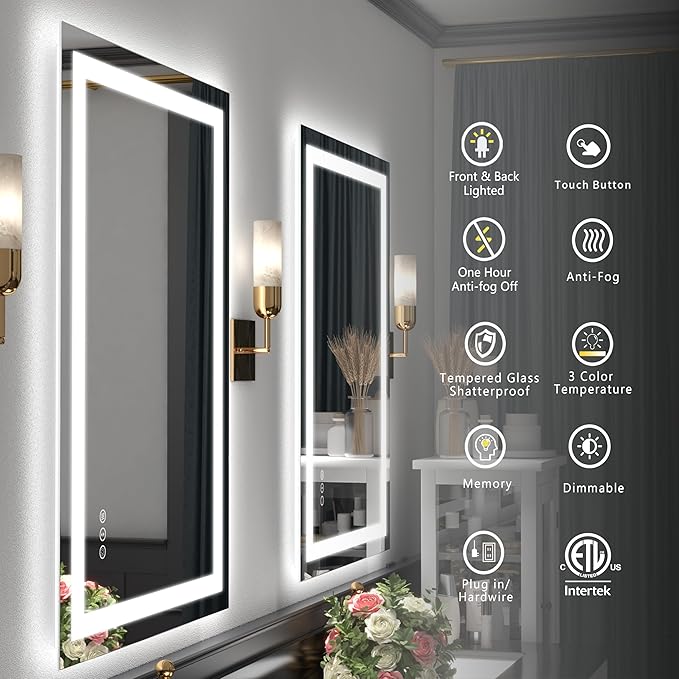 48x36 Inch LED Bathroom Mirror for Wall, Dimmable Vanity Mirror with Lights, Backlit and Front Lighted Mirror for Wall, Anti-Fog, Memory, Shatter-Proof