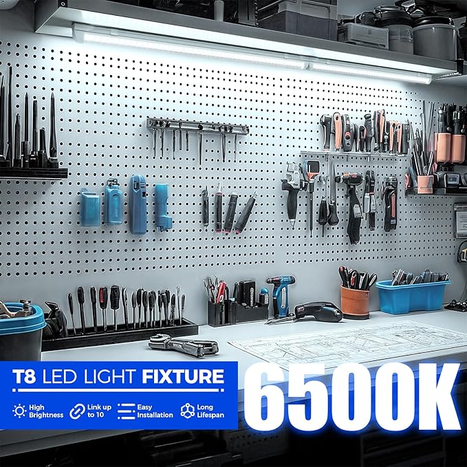 Barrina LED Shop Light 2FT, 20W 3000LM 6500K, T8 LED Light Fixture, Clear Cover, Ceiling and Utility Linkable Tube Lights for Room, Garage, Workbench, Warehouse, 2 Packs