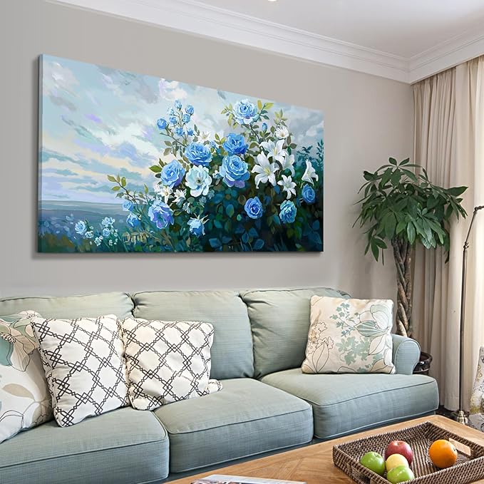Nicetop Large Floral Canvas Wall Art - Modern Botanical Artwork Abstract Blue Rose White Lily Flower Bouquet Art Prints on Wrapped Canvas Nature Picture for Living Room Bedroom Home Decor 48x24 Inch