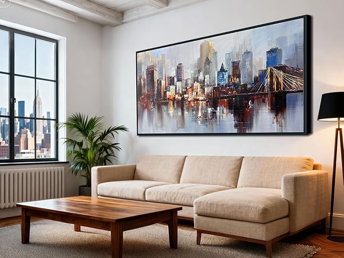 Arjun Brooklyn Bridge Wall Art Modern New York Abstract Canvas Cityscape Painting NYC Skyline Textured Picture for Living Room Bedroom Home Office Wall Decor Extra Large Size Black Wood Framed 58"x29"