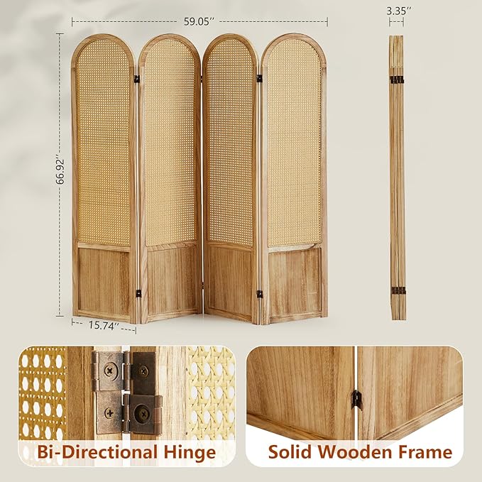 4 Panel Room Dividers and Folding Privacy Screens, Hand-Made Rattan Room Divider with Bi-Directional Hinge, Pre-Assembled Wood Room Divider Wall for Home Office Bedroom, Light Brown