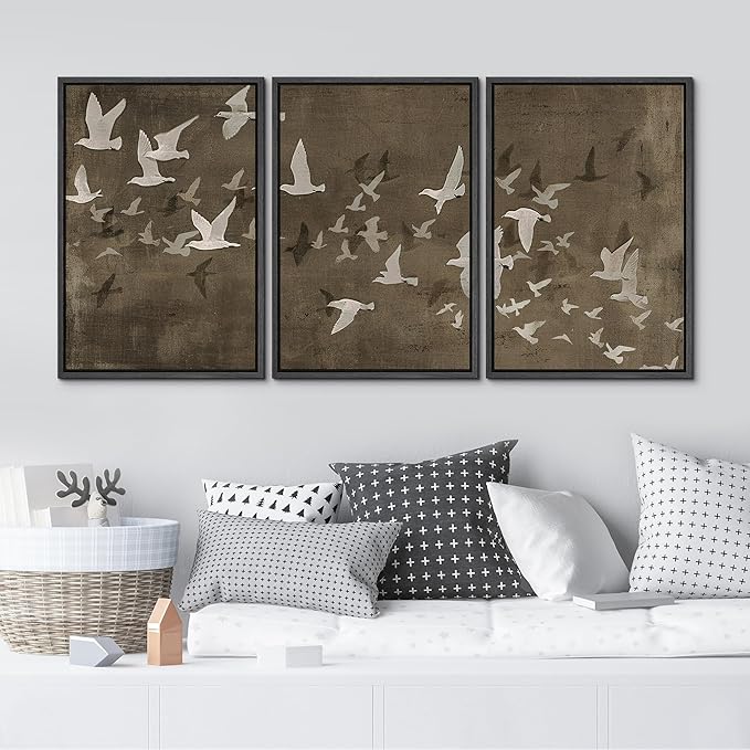 MUDECOR Framed Wall Art Print Set Flock of Abstract Birds in Flight Earthy Tones Illustrations Modern Art Boho Decorative Colorful Chic for Living Room, Bedroom, Office - 16"x24"x3 Black