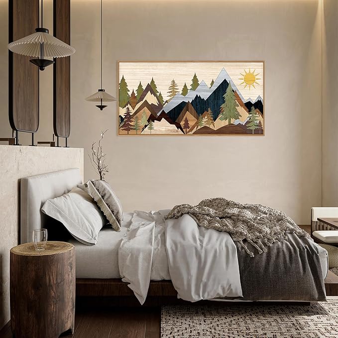 Ausril Mountain Pine Tree Framed Canvas Wall Art Set, Nature Wilderness Illustration Wall Decor, Woodcut Forest Wall Painting, Mid Century Modern Art Print for Living Room Bedroom Office 20"x40"