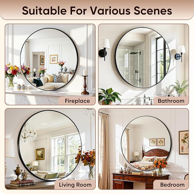 Antok Wall Mirror, 30"x30" Bathroom Vanity Mirror, Anti-Rust HD Tempered Glass, Wall Mounted Mirrors for Living Room, Entryway, Black Frame, Round