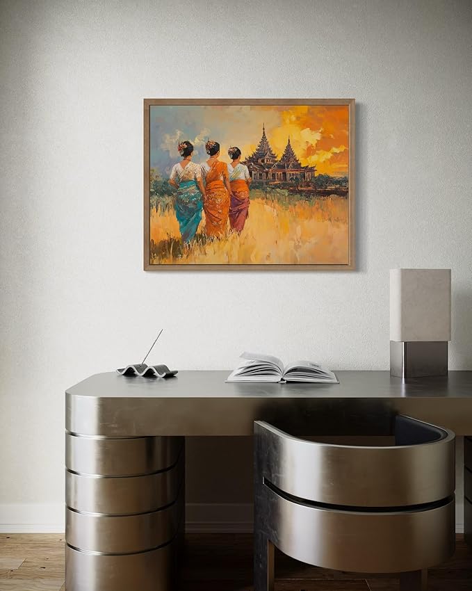 Myanmar Art Print Poster, Asia Oriental Countries Culture Wall Art Asian Paintings for Bedroom Bathroom Living Room Decor 97 (Myanmar, 16 x 20 inches, Wood Frame)